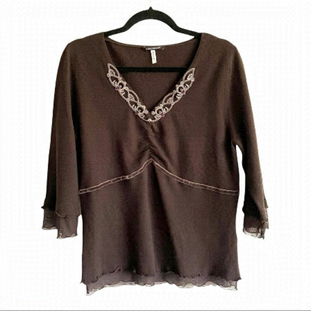 LUISA CERANO Brown Wool Cashmere V-Neck Sweater Size 12